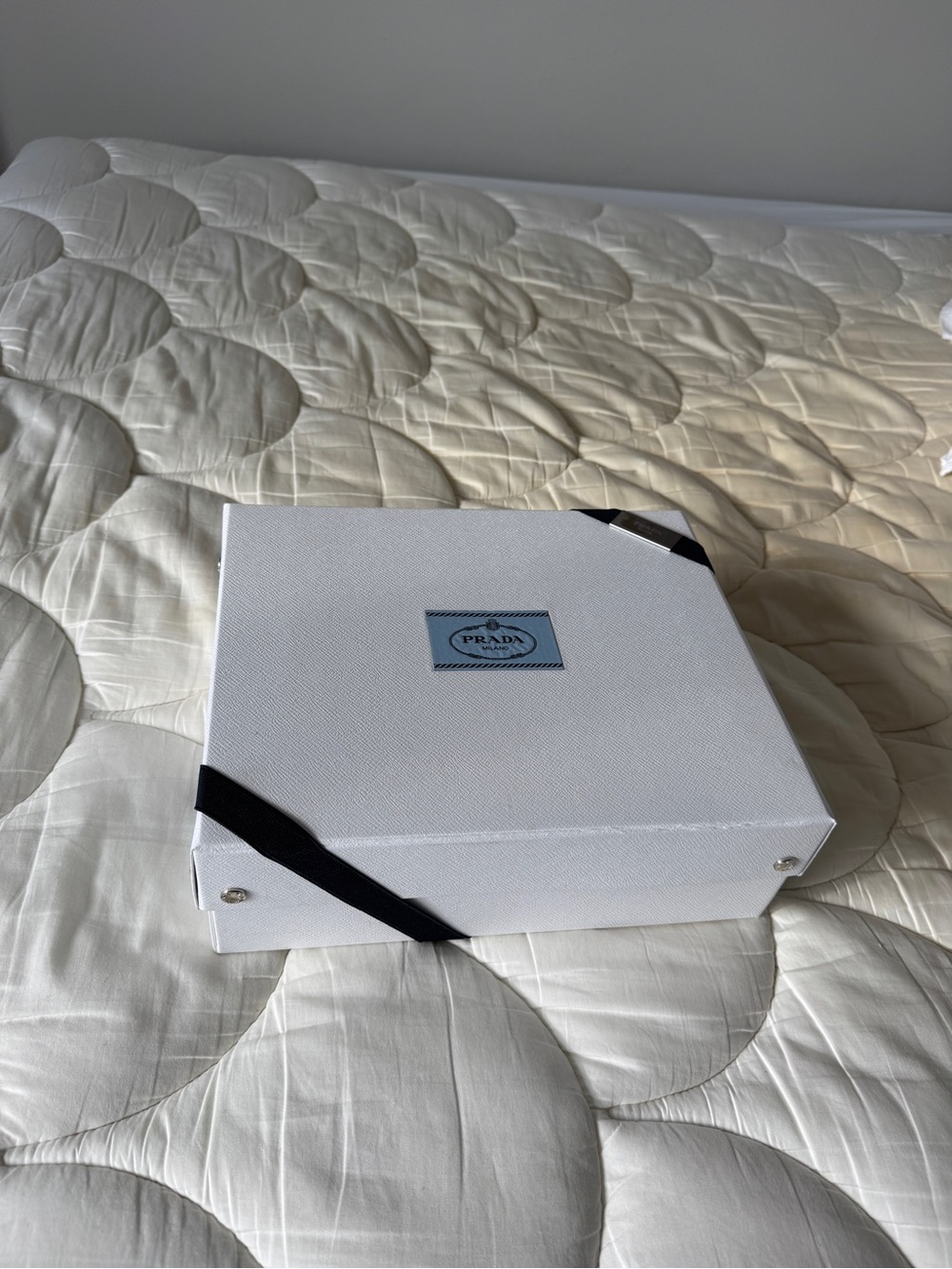 Prada White Bag Gift Box with Black Ribbon Accent